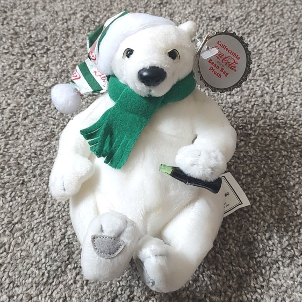 Style #0206 Coca Cola‎ Bean Bag Plush Polar Bear In Long Striped Cap